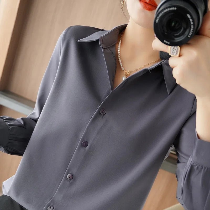 Женский Шелковый кардиган с лацканами Новые однотонные Атласные Рубашки