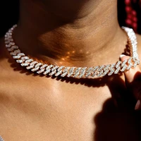fashion bling iced out prong cuban chain necklace luxury 2 row rhinestones cuban link choker necklace for women men punk jewelry