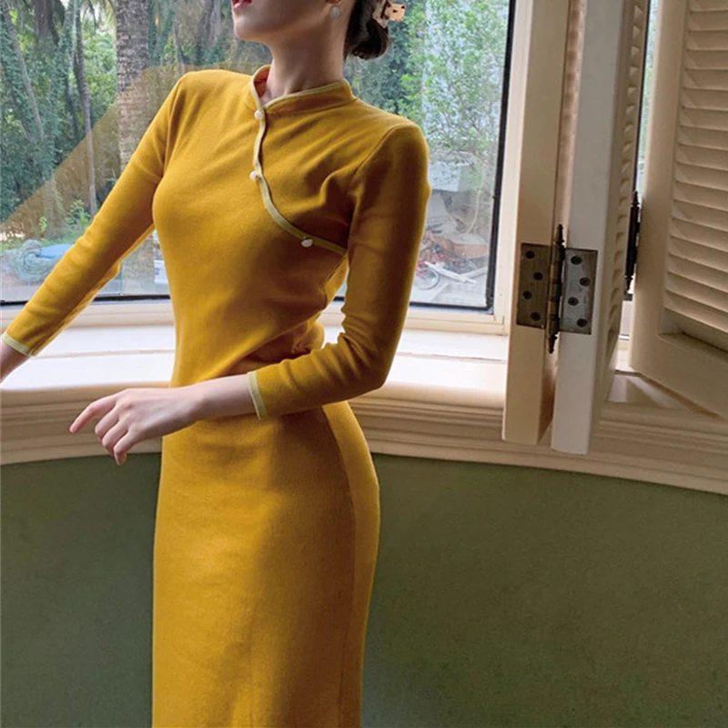 

Cheongsam Qipao Chinese Traditional Dress Simple Elegant Vintage Retro Sexy Slim Bodycon Dresses Orient Style Spring Party Hanfu