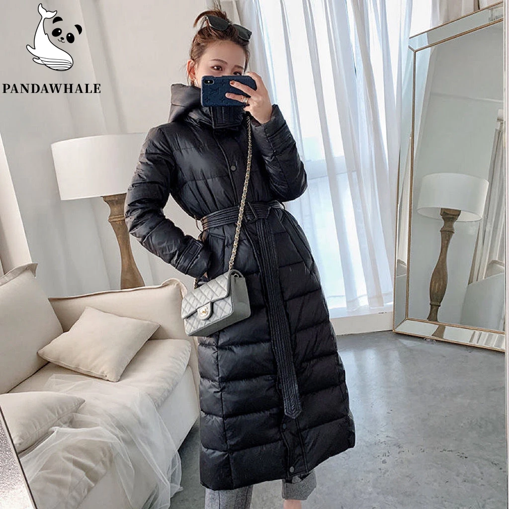 Black 90% White Duck Down Jacket Long Korean Fashion Belt Slim 2023 New Hooded Thicken Warm Winter Coat Female Clothing Parkas