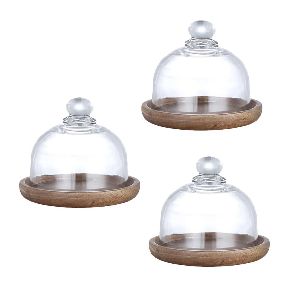 

3 Sets Small Cake Mini Food Containers Fruit Dish Dessert Plate Lid Wooden Tray Glass Cover Breakfast