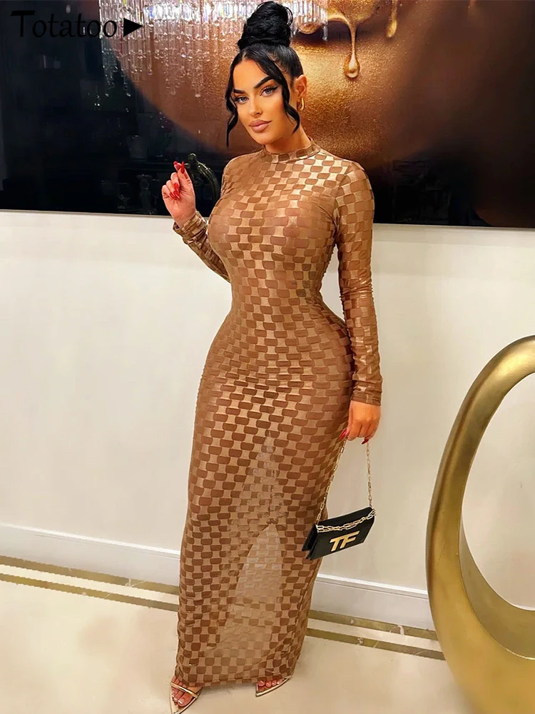 

Totatoop Women's Night Club Party Dress 2023 Autumn Winter Plaid Mesh Transparent Long Dress Back Split Skinny Festival Vestidos