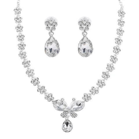 Серебряное ожерелье и серьги со стразами, набор 3 штуки