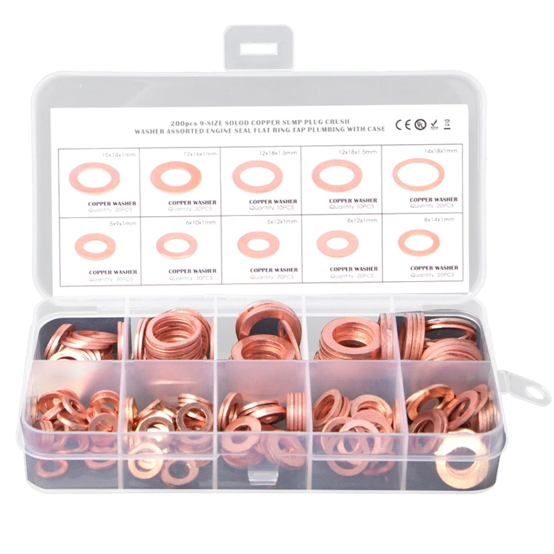 

200Pcs O Ring Copper Metric Washers Assortment Kit Copper Washers Flat Sealing Washer 9 Sizes M5 M6 M8 M10 M12 M14