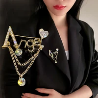 new fashion letter tassel heart rhinestone brooch shawl broche crystal brooches for women jewelry gift accessories wholesale