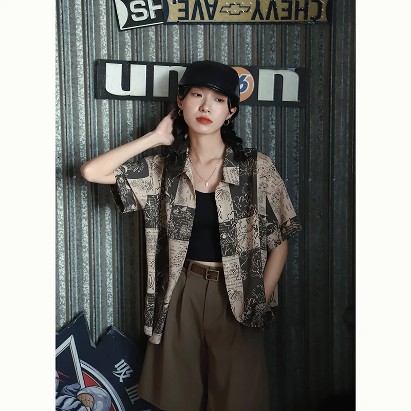 Винтажная винтажная рубашка с принтом Кубы коротким рукавом в гонконгском стиле