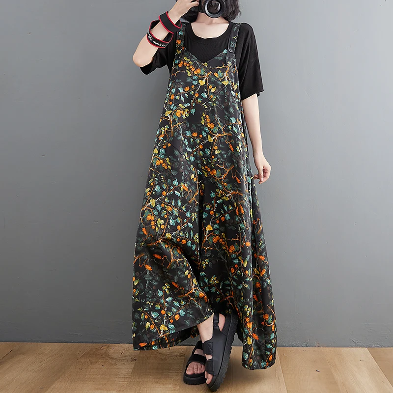 

2022 New Fashion Long Jumpsuit Womens Floral Print Vintage Rompers Baggy Side Pocket Wide Leg Pants Casual Overalls Free Size