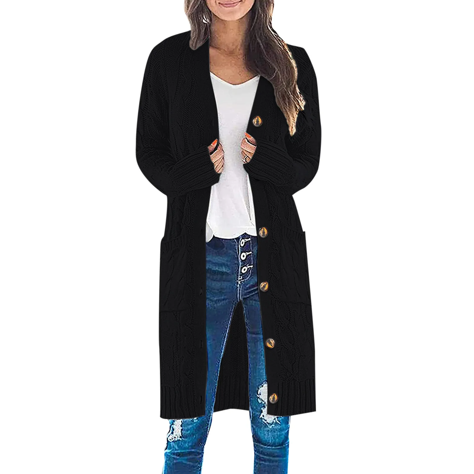 

Outerwear Womens Cardigan Long Knit Long Open Button Front Cable Sweater Sleeve Women's Coat Lightweight Jacket