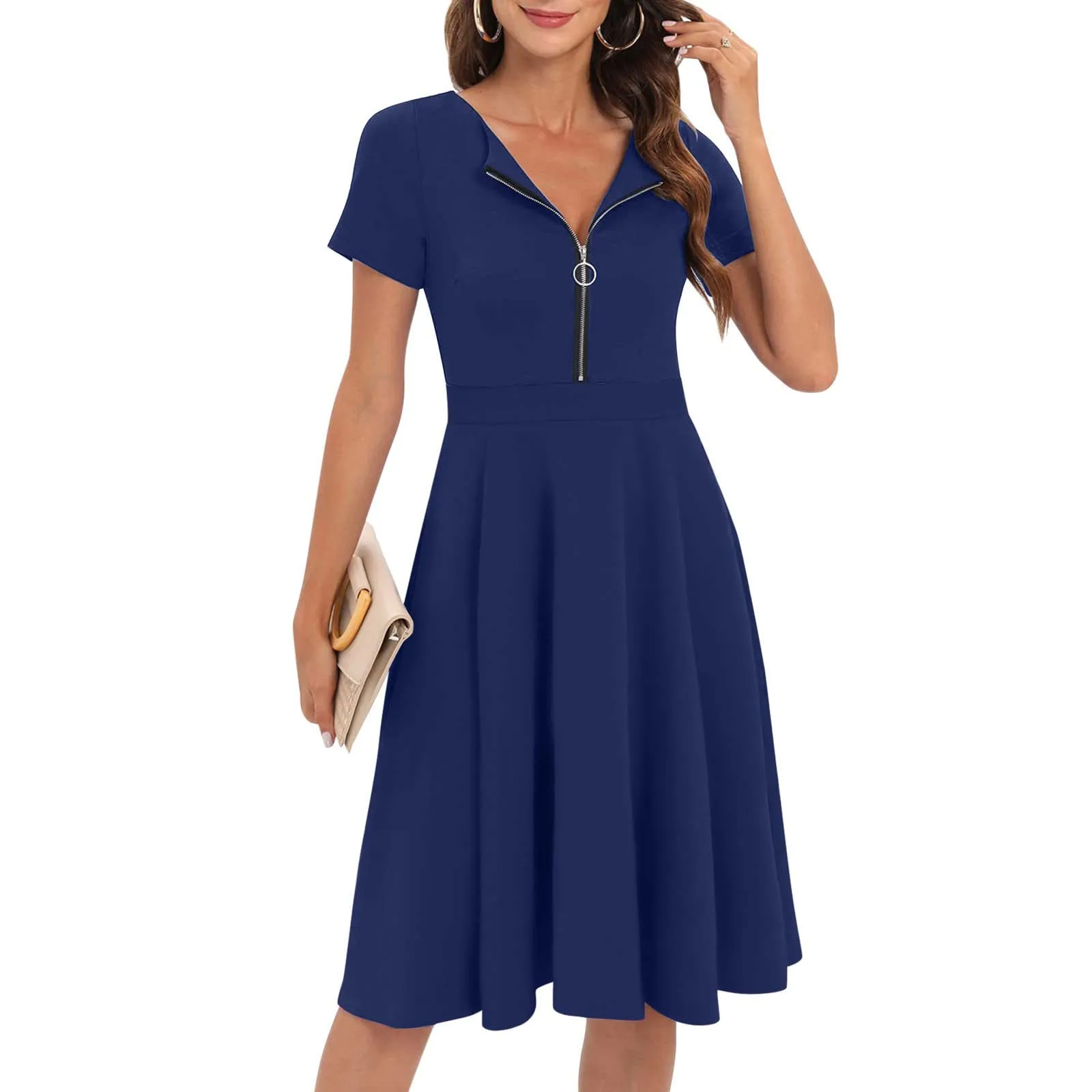 

Женское повседневное летнее платье, женское свободное мини-платье на молнии с V-образным вырезом, женское однотонное платье на молнии, плать...