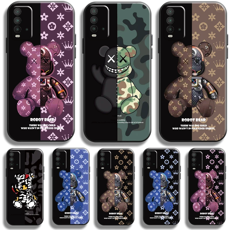 

Fashion Luxury Bear For Xiaomi Redmi 9T Phone Case Liquid Silicon Soft Silicone Cover Black Funda Back