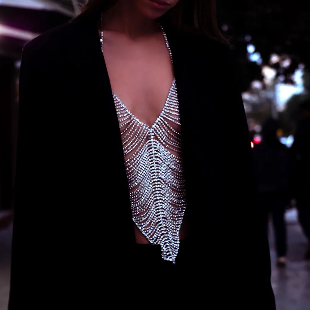 XSBODY блестящее многослойное нижнее белье с цепочкой на груди женские рейв-наряды