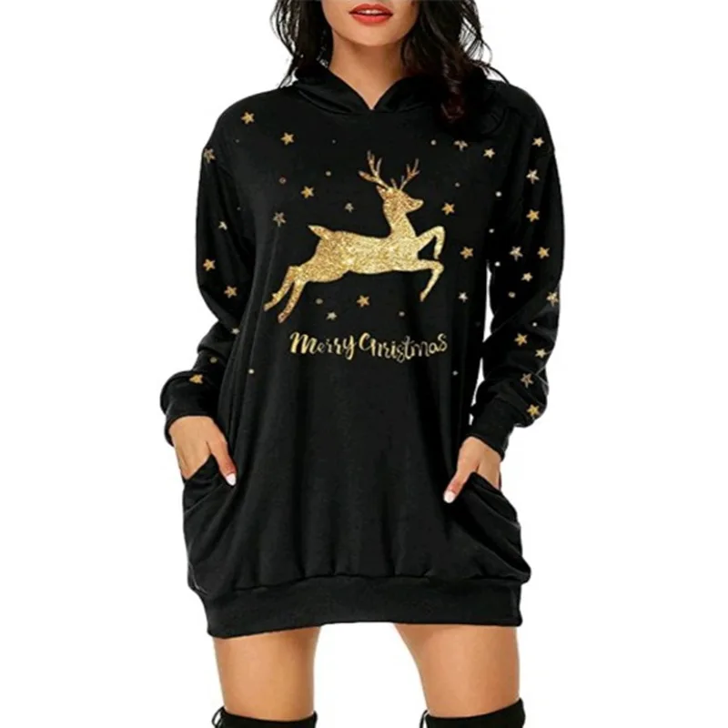 

2020 Women's Autumn Winter Sweatshirt Dress Fashion Christmas Hoodie Bag Hip Pocket Print Hoodie Fashion Dress Vestidos