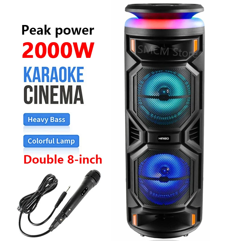 

P.M.P.O 2000W Double 8-inch Super Large Outdoor Bluetooth Speaker Karaoke Party Box Portable Wireless Subwoofer Column with Mic
