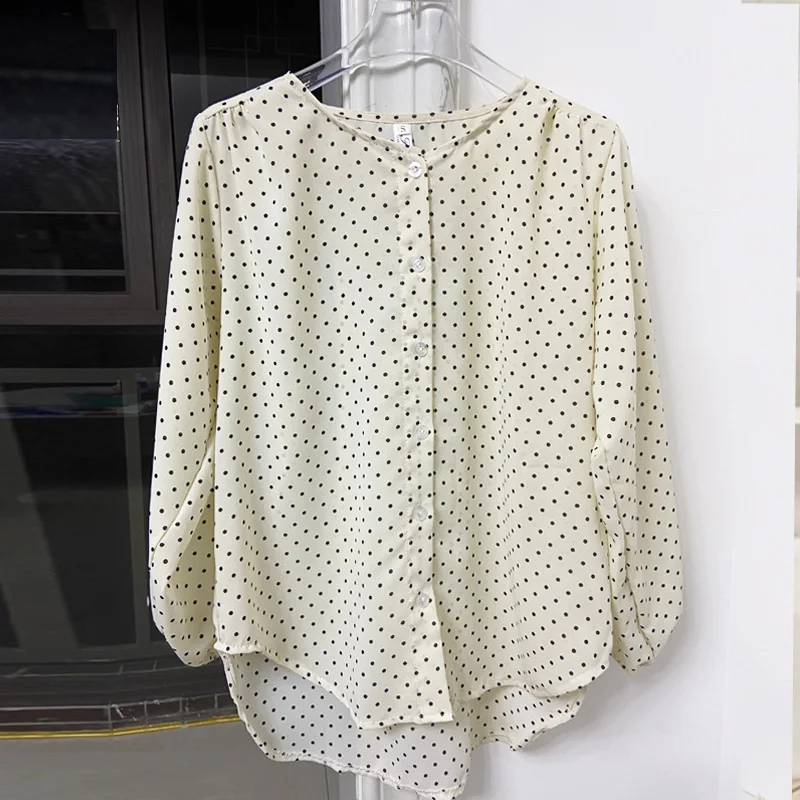 PLAZSON Женская Летняя Рубашка В Горошек С Длинным Рукавом Повседневный Топ Больших