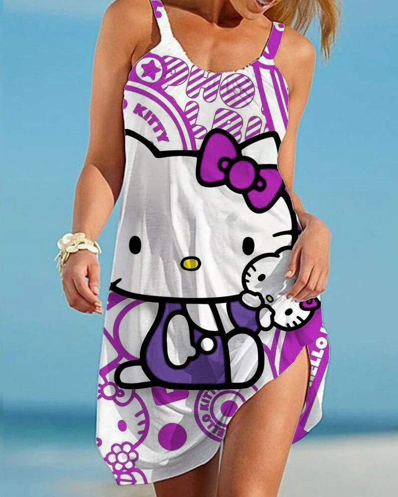 

Летнее женское сексуальное пляжное платье Hello Kitty аниме 3D Радуга слинг Ретро пляжная одежда модное платье для вечевечерние для девушек