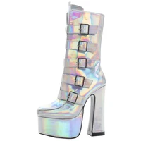 mid calf boots holographic color 15cm high square heel platform pointed toe boots custom made