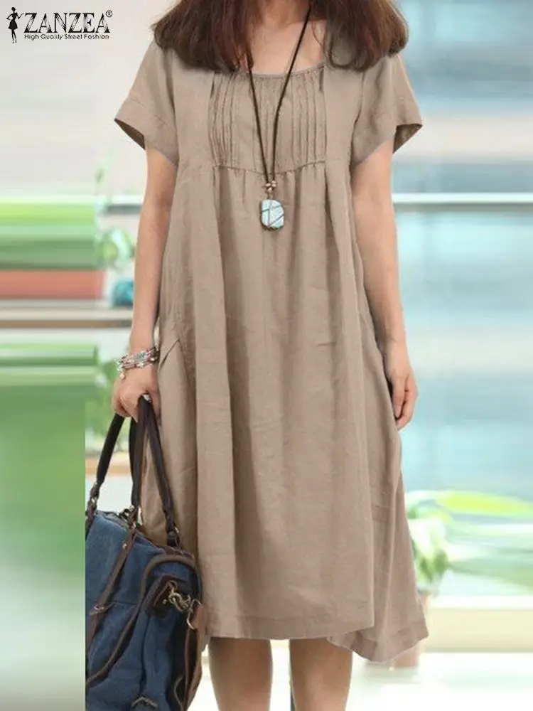 

ZANZEA Summer Vintage Short Sleeve Casual Loose Sundress Women Elegant Square Neck Pleated Work Dress Robe Femme Party Vestidos