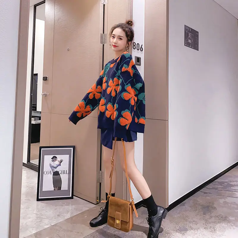 

Women's Autumn and Winter Loose Knitted Long Sleeve Printing Top Sweaters Female Korean Version O-neck Thick Warm Pullover W38