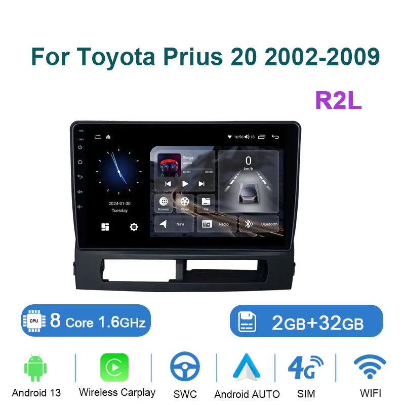 

9 "8G 256G Android 14.0 Автомобильный мультимедийный радиоплеер для Toyota Prius 20 2002-2009 GPS Стерео DSP Carplay WIFI Auto No 2 Din DVD
