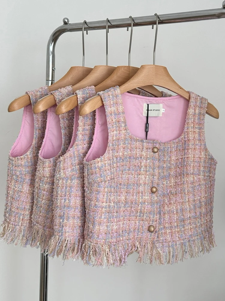 

Fashion Small Fragrant Style Tweed Square Neck Single Breasted Button Tassel Sleeveless Vest Jacket Top Elegant Women Korea