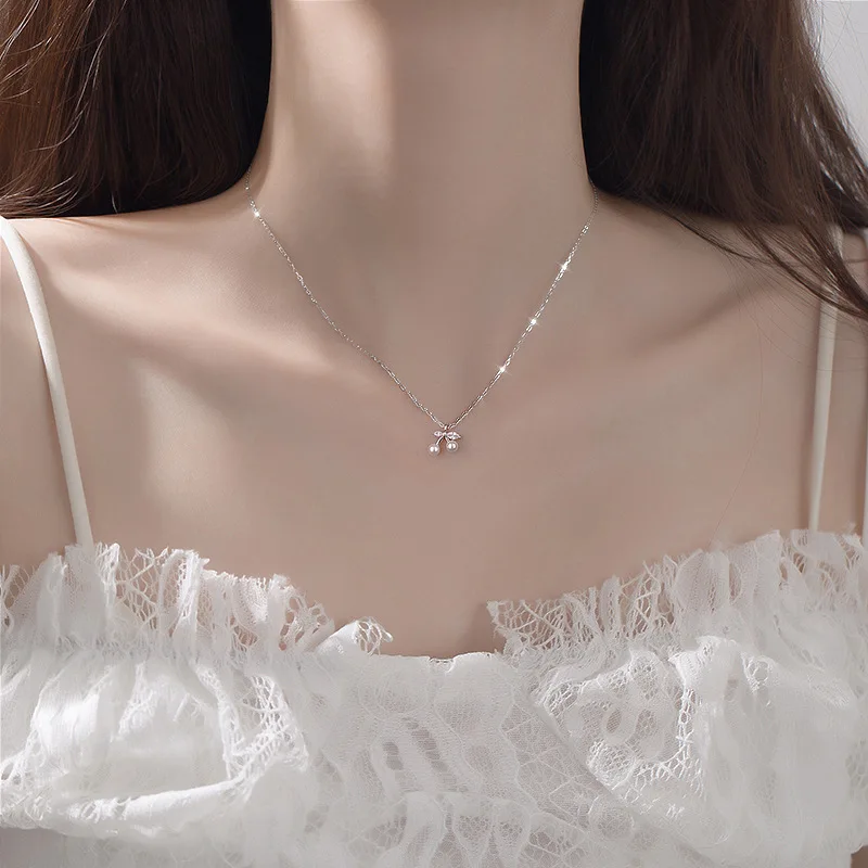 

Fashion Cherry Pearl Pendant Necklace for Women Aesthetic Simple Temperament Clavicle Chain Collar Gifts Party Jewelry Wholesale