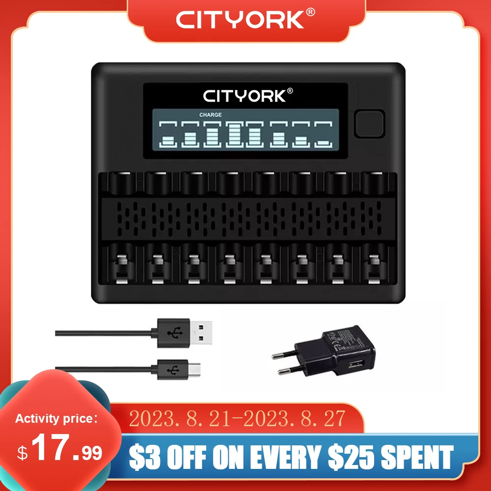 

CITYORK 8 Slots LCD Smart AA AAA Battery Charger For 1.2V AA/AAA I-MH NI-CD Rechargerable Battery 2A 3A Fast USB Battery Charger
