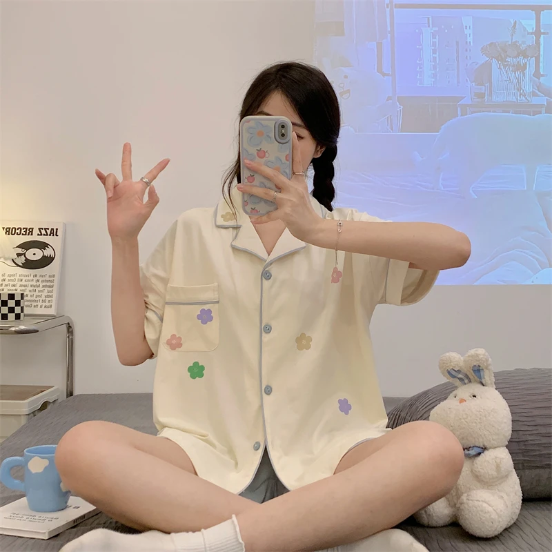

Summer Sleepwear Girl Pajamas Set Sweet Flower Women Pijamas Cotton Lapel Loungewear Lady's Pajama