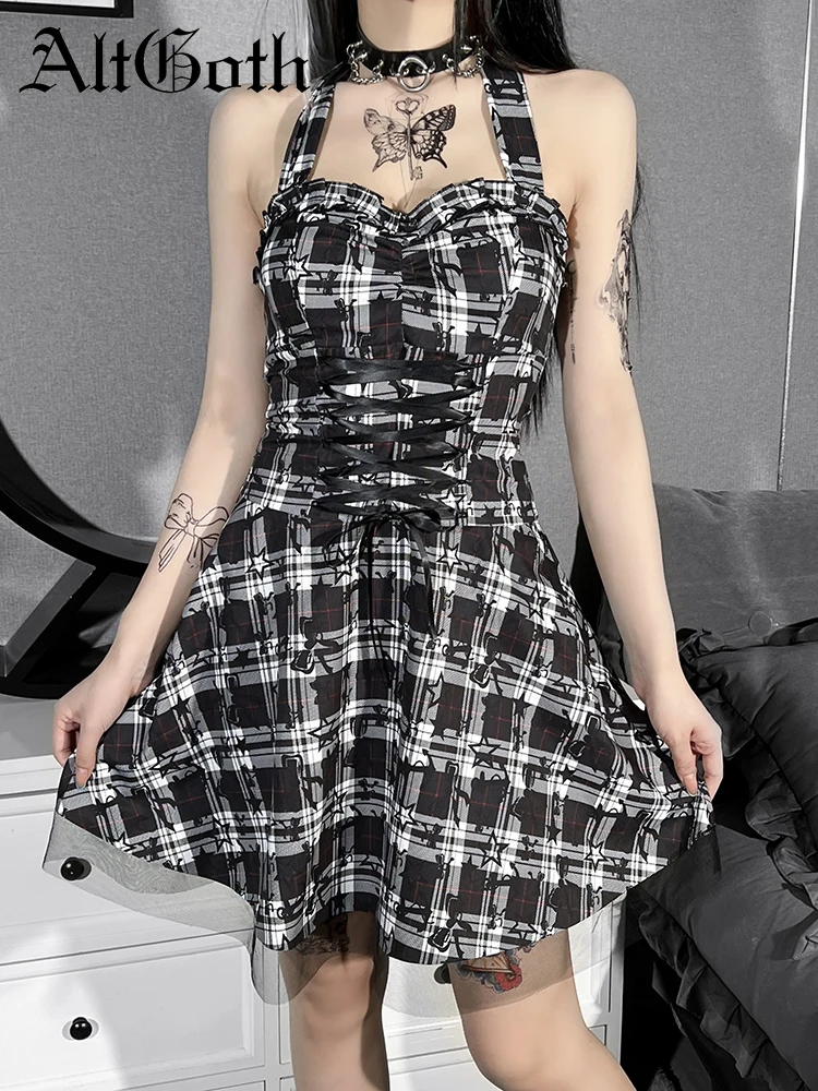 

AltGoth Mall Gothic Plaid Dress Women Harajuku Y2k E-girl High Waist Bandage Corset Dress Aesthetic Fairycore Grunge Partywear