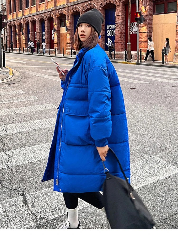 

Long Puffer Jacket Women Winter Solid Bubble Coat Knitted Stand Collar and Cuff Fashion Big Pocket Warm Cotton Padded Warm Parka