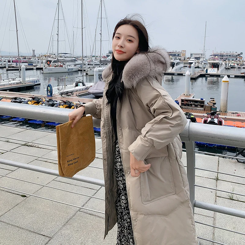 2022 Winter 90% White Duck Down Jacket Women Oversized Thick Warm Fur Hooded Long Parkas Female Loose Pocket Coat