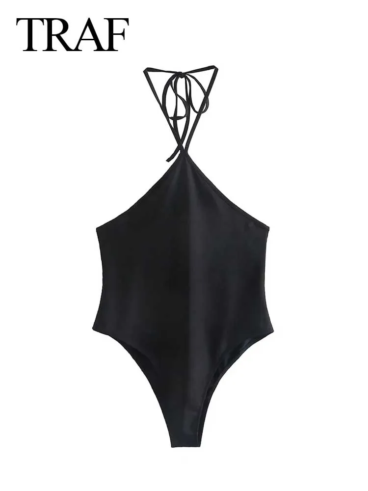 

TRAF 2022 Fashion One Piece Swimsuit Women Halter Strap Solid Black Bodysuit Sexy Beach Vacation Simple Summer Female Outfit