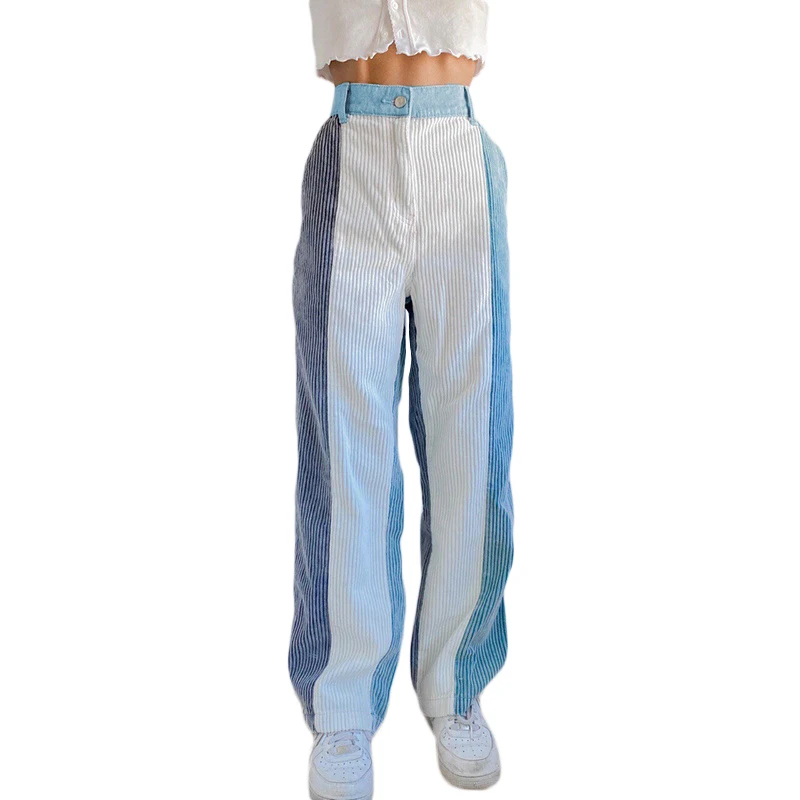 

Autumn Girls Corduroy Long Pants, Ladies Leisure Style Color Matching Stripe High Waist Casual Loose Straight-leg Trousers