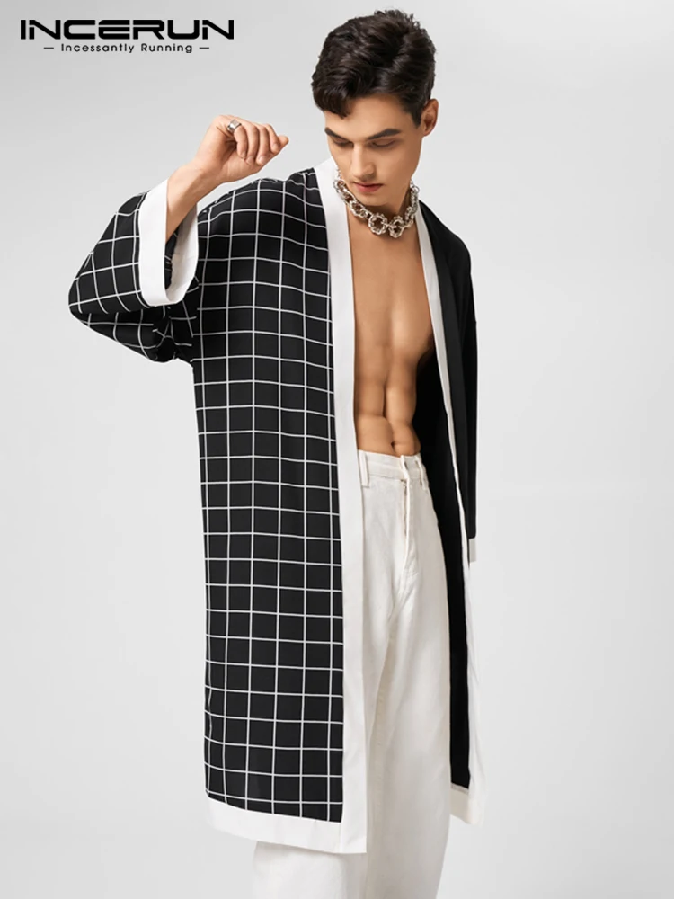 

INCERUN мужской кардиган, клетчатые Лоскутные рубашки с длинным рукавом, открытый стежок, Повседневная Длинная Стильная верхняя одежда, улична...
