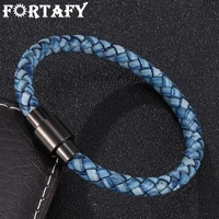 fortafy men jewelry blue braided leather bracelets bangles stainless steel magnet buckle vintage male leather wristband fr0255l