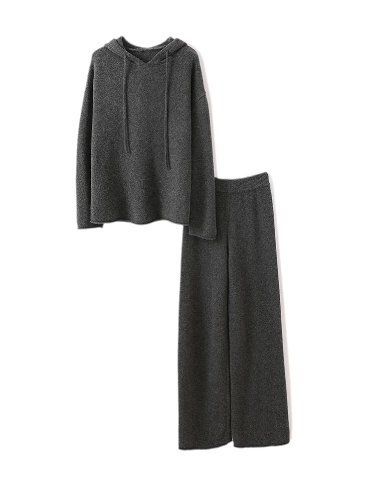 Женский шерстяной пуловер с капюшоном прямой брючный костюм осень-зима трикотаж