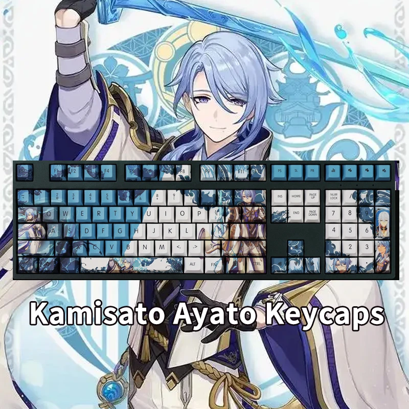 

Колпачки для клавиш Genshin Impact Kamisato Ayato PBT, механическое украшение для клавиатуры, пятисторонняя сублимационная колпачок для клавиатуры