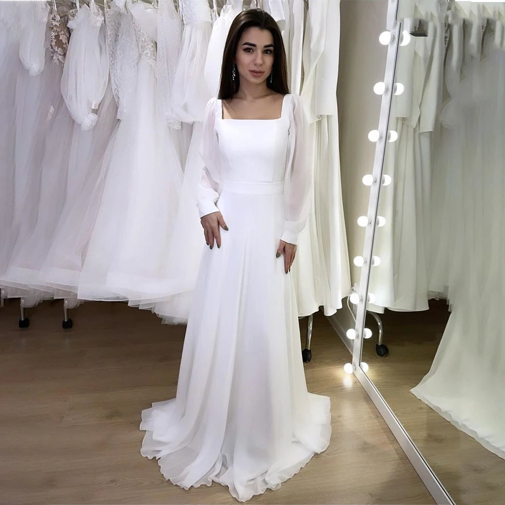 

Simpel White Wedding Dress A-Line Chiffon Summer Wedding Gowns Long Sleeve Sweep Train 2022 Bridal Gown Custom Made For Women