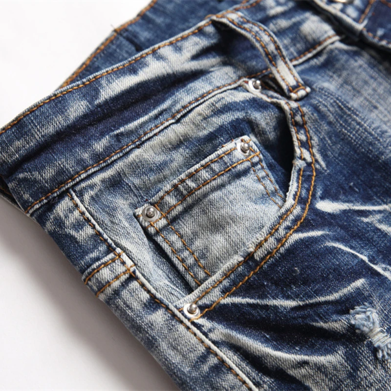 European Jean Letter Star Jean Men Embroidery Patchwork Ripped Jeans For Men Trend Brand Motorcycle Pant Mens Jean Skinny