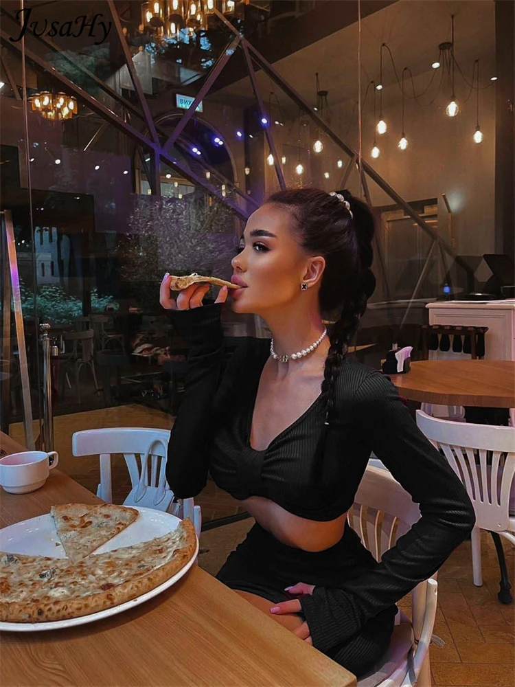 Элегантный однотонный черный женский комплект JuSaHy из двух предметов короткий