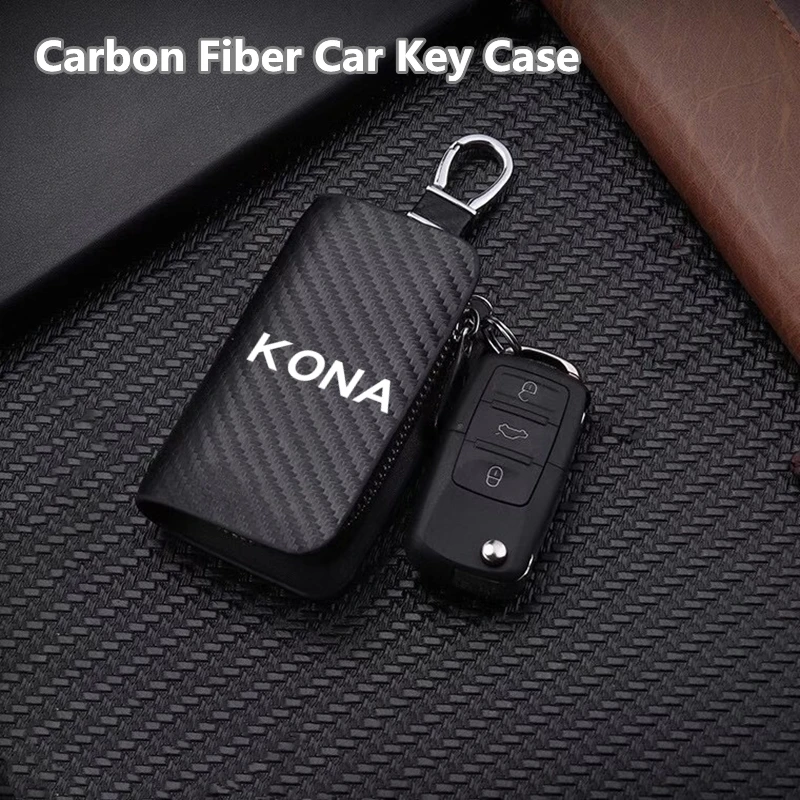 

Carbon Filber Car Remote Key Case Cover Shell Genuine Leather Car Keychain Key Wallets for hyundai kona Auto Accessories
