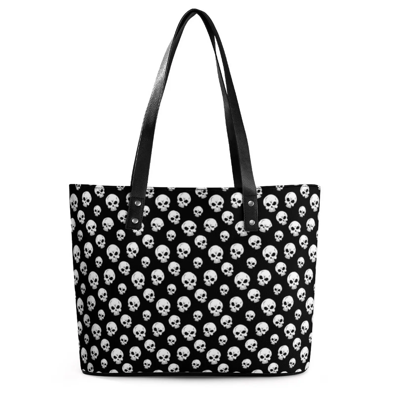 

Black with White Skull Handbags Holloween Print Pocket Tote Bag Cute PU Leather Shoulder Bag Ladies Outdoor Print Shopper Bags