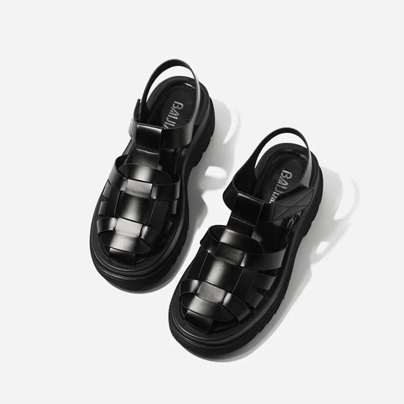 

2022 New Summer Sandals Women's Muffin Women's Shoes Thick Bottom Black Retro Hollow Woven Baotou Roman Shoes