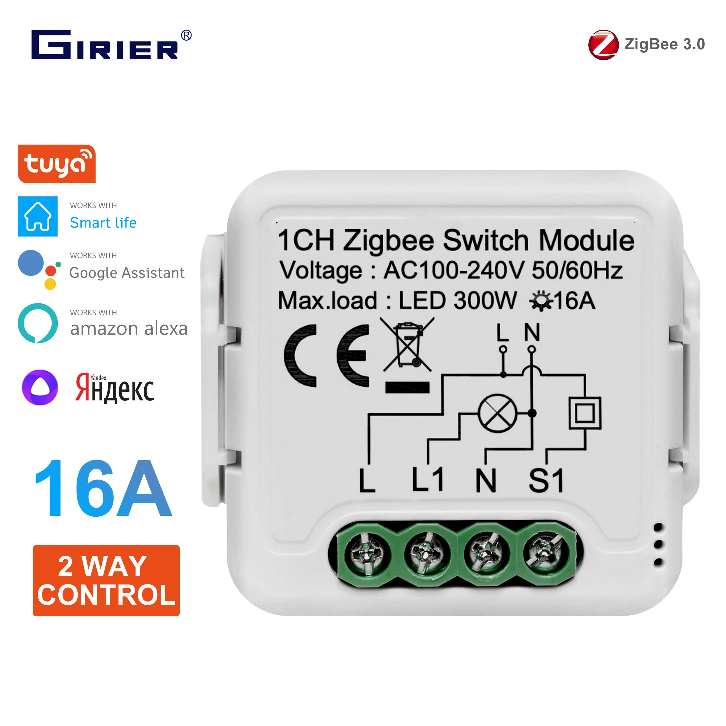 Умный выключатель GIRIER Tuya ZigBee модуль 16 А для автоматизации умного дома