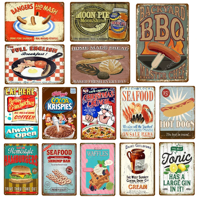 

Food Poster BBQ Moon Pie Seafood Hot Dogs Cream Hamburgers Bread Metal Signs Vintage Plaque Bar Pub Shop Home Wall Decor YJ023