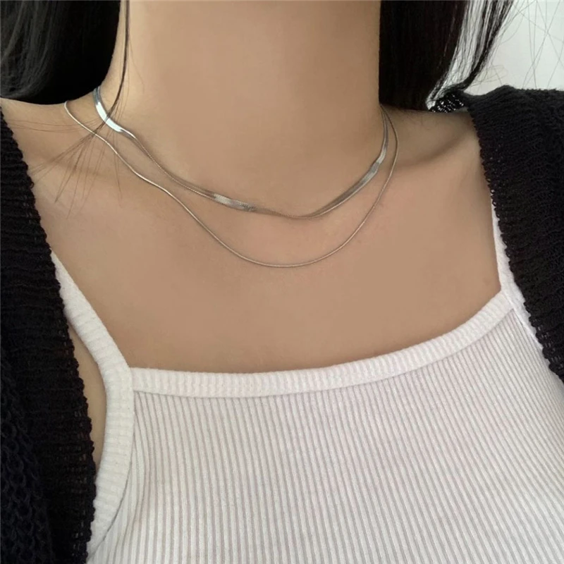 

2022 Kpop Double Layer Silver Color Snake Chain Choker Necklace For Women Girl Vintage Grunge Collares Aesthetic Y2k EMO Jewelry