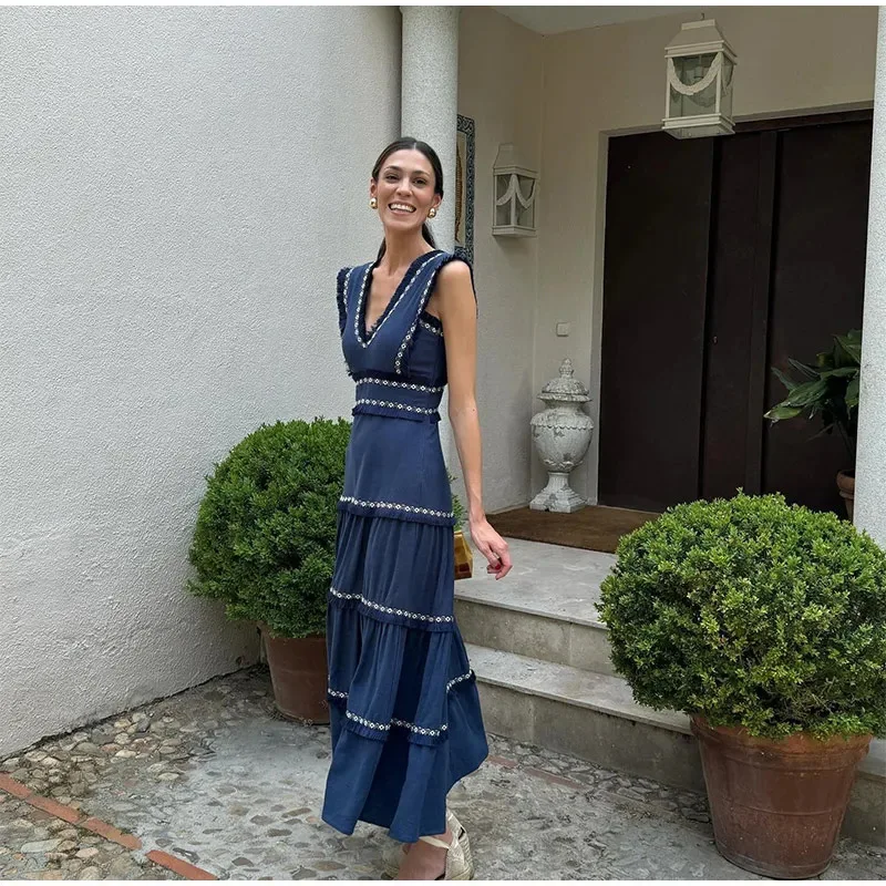 Женское винтажное платье с бахромой V-образным вырезом и воланом