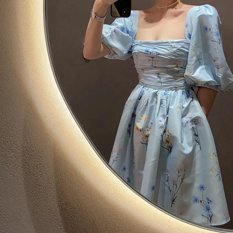 

2022 Summer Sexy Wrap Bandage Mini Dress Korean Fashion A-line Short Dress for Women Elastic High Waist Blue Vintage Clothing