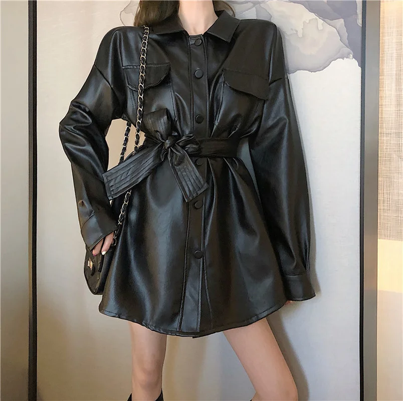 

Oversized Pu Coat 2023 Winter Business Blouses Women Fashion Punk PU Leather Tops with Belt Female Jackets Elegant Long Sleeve