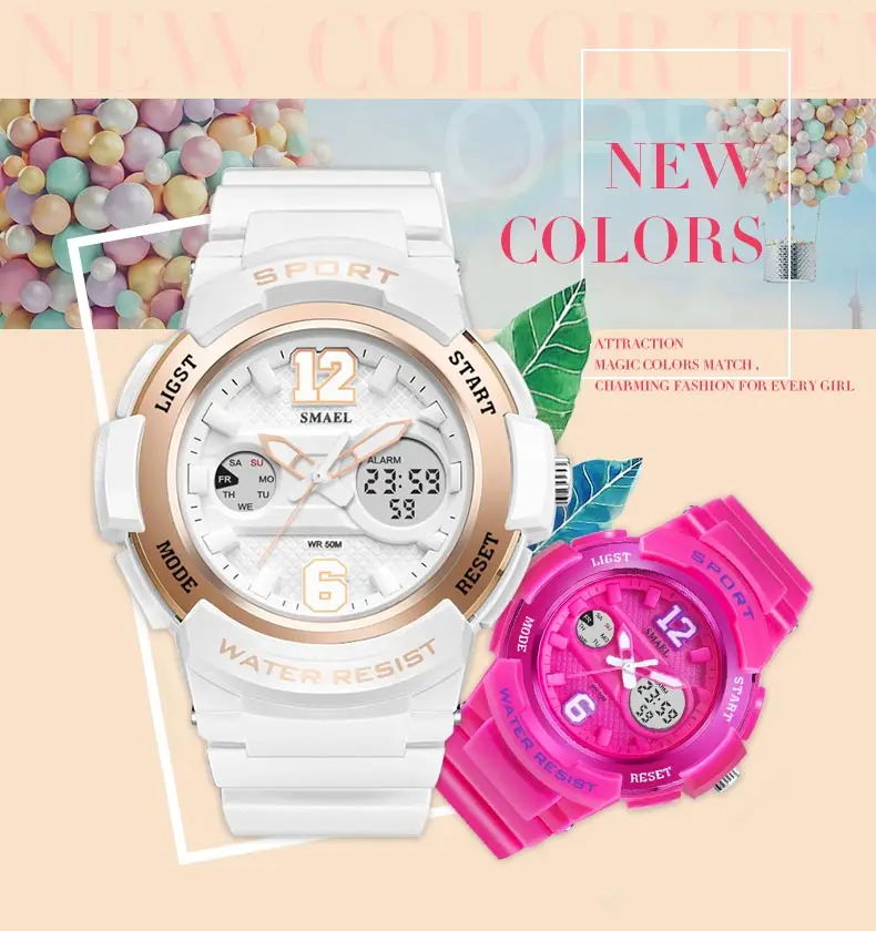SMAEL White PU Watchband Women Dual Display Wristwatches Women's Quartz Watch Lady Fashion Watches 30M Waterproof Relojes Mujer enlarge