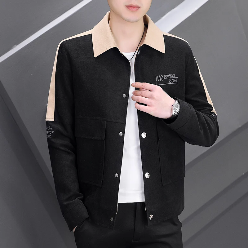 

Корейская мода Мужская Лоскутная куртка тонкая Повседневная Деловая куртка 2022 Весна однобортный короткий Тренч с лацканами